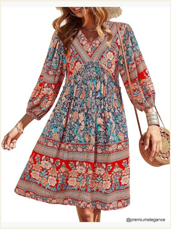 Dresses & Skirts - V-Neck 3/4 Sleeve Floral Babydoll Mini Dress Loose Fit Rayon